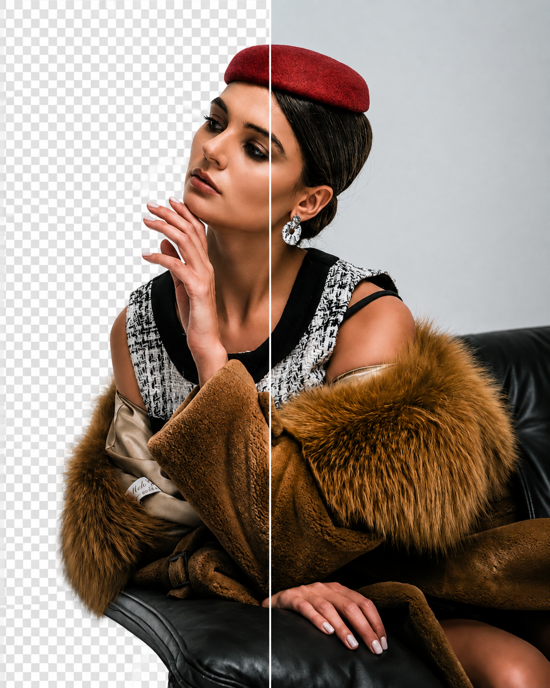 Fashion portrait with fur coat, original studio on one side and a transparent cutout on the other